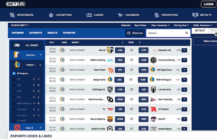 An image of the betting screen from BetUS, a popular online sportsbook for LoL betting promotions.